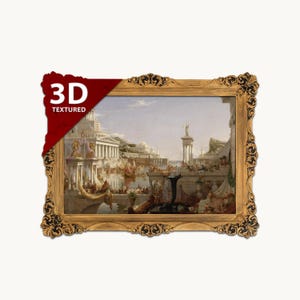 Puede incluir: Una impresión de arte mural rectangular que presenta una pintura de paisaje clásico de una ciudad antigua con templos y barcos, encerrada en un marco dorado ornamentado con volutas oscuras. Una pancarta roja en la esquina muestra el texto 3D TEXTURED.