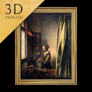 Niña leyendo una carta de Johannes Vermeer, impresa en 3D con textura y pinceladas, parece una pintura al óleo original