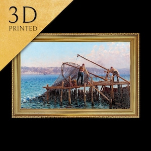 Pescadores trayendo la captura de Fausto Zonaro, impreso en 3D con textura y pinceladas que parece una pintura al óleo original