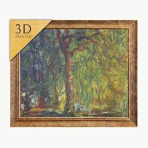 Puede incluir: Una lámina de arte enmarcada con una pintura impresionista de un gran árbol con ramas caídas en tonos verdes, amarillos y marrones. Una etiqueta triangular dorada en la esquina superior izquierda muestra el texto 3D PRINTED.