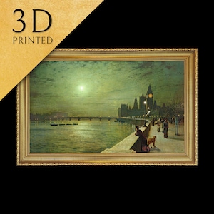 Reflecties op de Theems door John Atkinson Grimshaw, 3D-gedrukt met textuur en penseelstreken ziet eruit als origineel olieverfschilderij