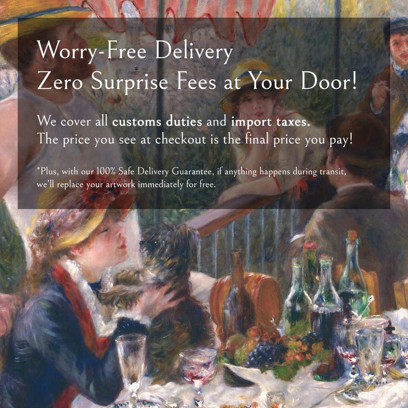 Puede incluir: Una reproducci&oacute;n de pintura al &oacute;leo del Almuerzo de los remeros con personas en una mesa con botellas de vino, copas y un perro peque&ntilde;o. El texto dice: Worry-Free Delivery, Zero Surprise Fees at Your Door!
