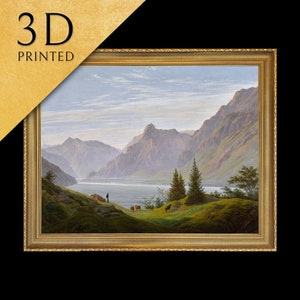 Landschaft mit Gebirgsee, Morgen autorstwa Caspara Davida Friedricha, wydruk 3D z fakturą i pociągnięciami pędzla wygląda jak oryginalny obraz olejny.