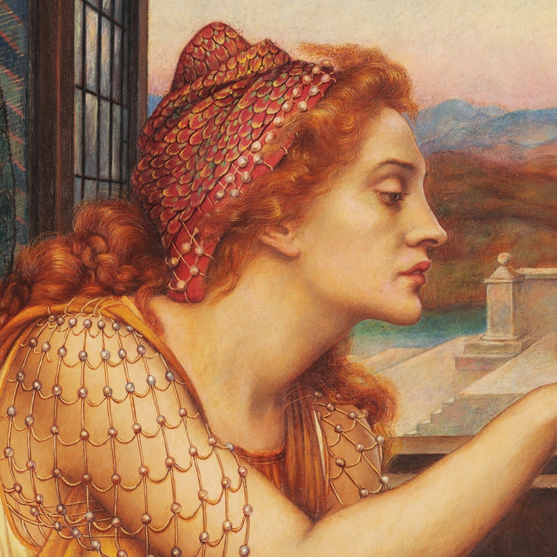 May include: A portrait of a woman with red hair and a red headdress. She wears a gold-colored garment with a pearl-studded net over her shoulders. The background features a landscape with mountains and a body of water.