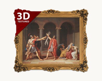 May include: A framed print of the Oath of the Horatii painting featuring a man holding three swords toward three soldiers, with seated figures to the right, all enclosed in an ornate gold frame with a red 3D TEXTURED corner banner.