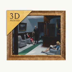 Puede incluir: Una reproducción impresa en 3D enmarcada de una pintura que muestra una escena interior con tres figuras. Una persona con vestido rojo está sentada, una persona con traje oscuro está de pie y una persona con vestido azul lee en primer plano.