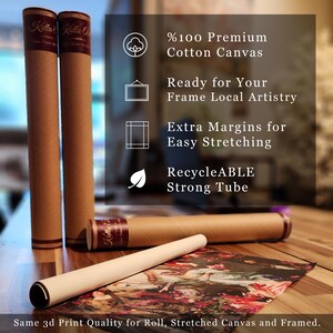 May include: Two vertical and one horizontal brown cardboard shipping tubes with dark brown branding labels, alongside a rolled canvas print featuring a colourful floral painting. Text includes %100 Premium Cotton Canvas and RecycleABLE Strong Tube.