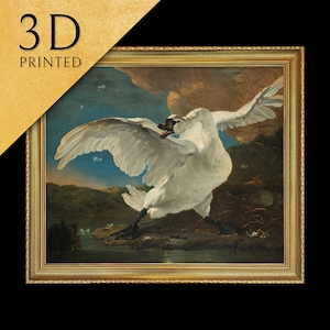 Può includere: Un dipinto incorniciato di un cigno bianco con le ali spiegate, in piedi su una riva rocciosa con un nido sullo sfondo. Il cigno ha un becco nero e occhi neri. Il dipinto è ambientato su uno sfondo di cielo blu con nuvole.