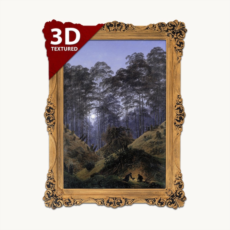 May include: A vertical rectangular painting in an ornate gold frame featuring a dark forest landscape at night with a bright moon, tall trees, and two figures sitting by a small fire in the foreground. A red corner tag displays 3D TEXTURED.
