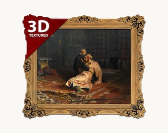 Può includere: Un dipinto a olio incorniciato raffigurante una scena storica con due figure su un tappeto decorato, una in cappotto scuro sostiene l'altra in veste rosa chiaro. La cornice dorata presenta volute intricate e un'etichetta 3D TEXTURED.