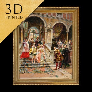 May include: A 3D printed painting depicting a grand, ornate room with a group of people in period clothing. The scene is set in a palace or grand home, with a staircase and a large, ornate doorway. The people are dressed in rich fabrics and colours, and they are all looking at each other with expressions of joy and excitement.