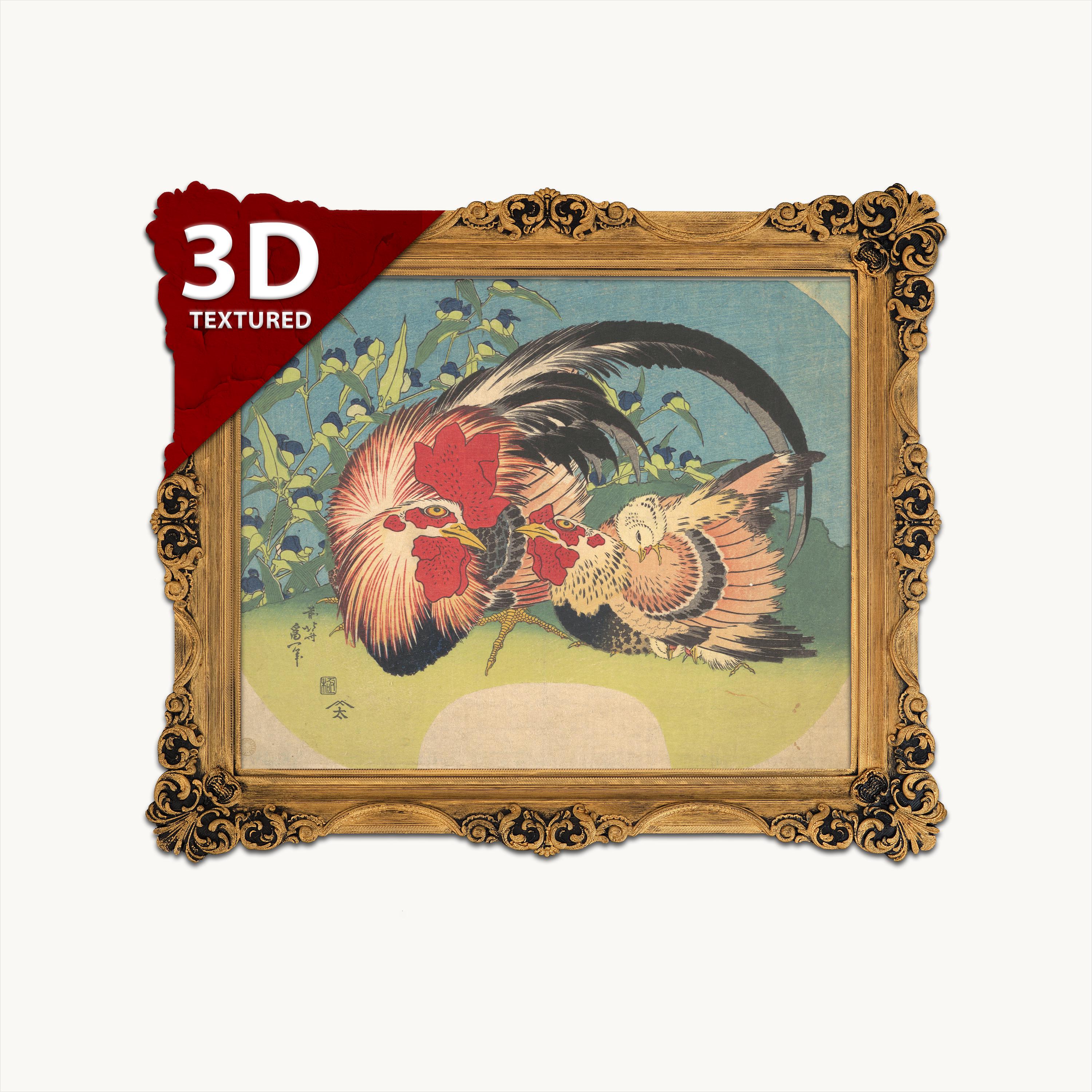 Hokusai Rooster and Hen Print: Textured 3D Japanese Art - Etsy 日本