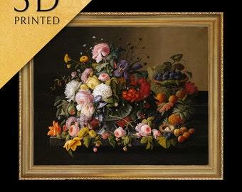 Still Life Flowers and Fruit by Severin Roesen, 3d Printed with texture and brush strokes looks like original oil-painting, code:249