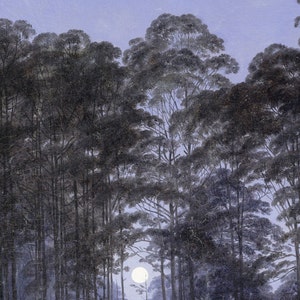 May include: A painting of a dense forest with tall, dark, textured trees featuring deep green and black foliage. A bright, circular white moon is visible low in the center, glowing against the pale, light blue sky visible through the branches.