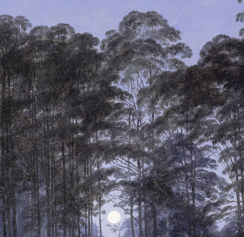 May include: A painting of a dense forest with tall, dark, textured trees featuring deep green and black foliage. A bright, circular white moon is visible low in the center, glowing against the pale, light blue sky visible through the branches.