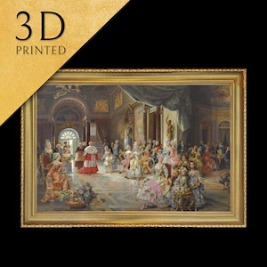May include: A framed oil painting depicting a grand ballroom scene with people in elaborate costumes. The painting features a central figure in a red cardinal's robe, surrounded by men and women in elegant attire. The scene is set in a richly decorated room with ornate chandeliers and columns.