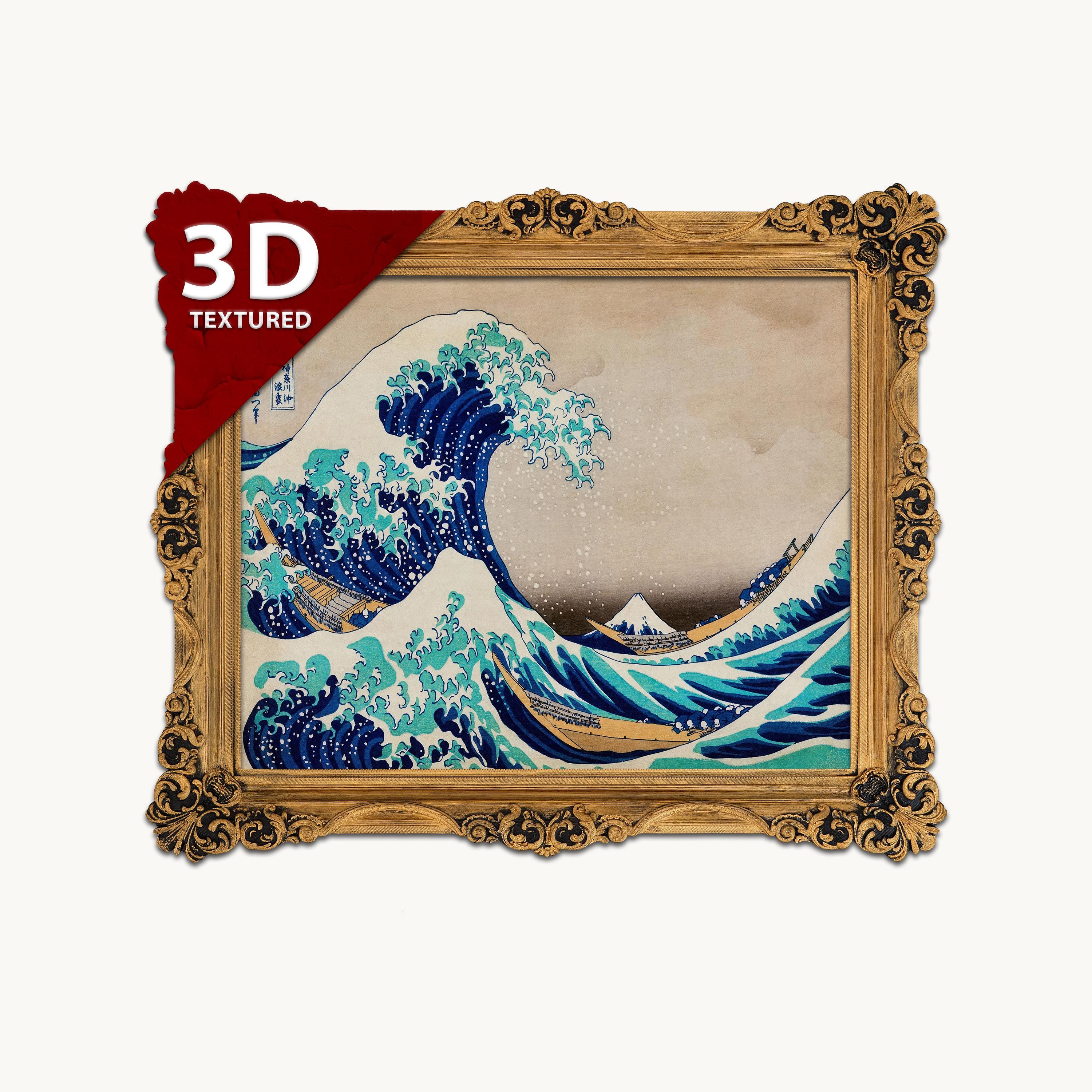 葛飾北斎の波を描いた3Dテクスチャードアートプリント、神奈川沖浪裏の