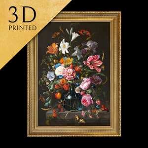 Jarrón de flores de Jan Davidsz de Heem, impreso en 3D con textura y pinceladas, parece una pintura al óleo original.