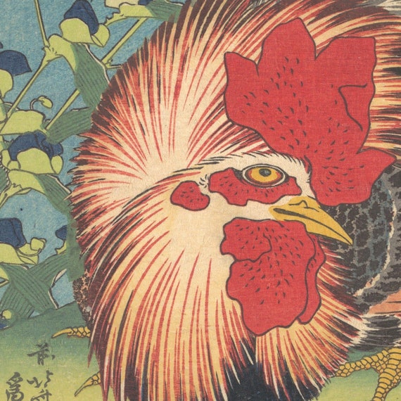 葛飾北斎の雄鶏と雌鶏の版画：立体感のある日本の美術作品 - Etsy 日本