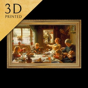 Puede incluir: Una pintura de una familia reunida alrededor de una mesa para una comida. Un caballo blanco mira desde afuera por la ventana. La pintura está enmarcada en un marco dorado.