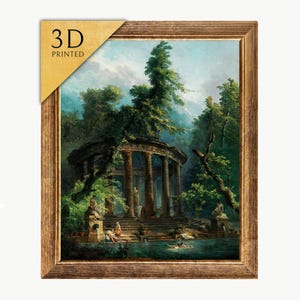 May include: A framed 3D printed artwork showing a classical landscape. The image features a classical temple with columns, surrounded by trees and figures near water. The frame is a warm, golden brown, and the text "3D PRINTED" is visible on the top left.