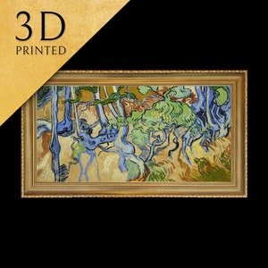 May include: A 3D printed painting of a forest scene with thick, blue tree trunks and green foliage. The painting is framed in a gold frame.