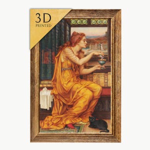 May include: A framed 3D printed artwork featuring a woman in a golden dress pouring liquid into a cup. The artwork has a vintage aesthetic, with a black cat at the bottom and the text "3D PRINTED" in the upper left corner.