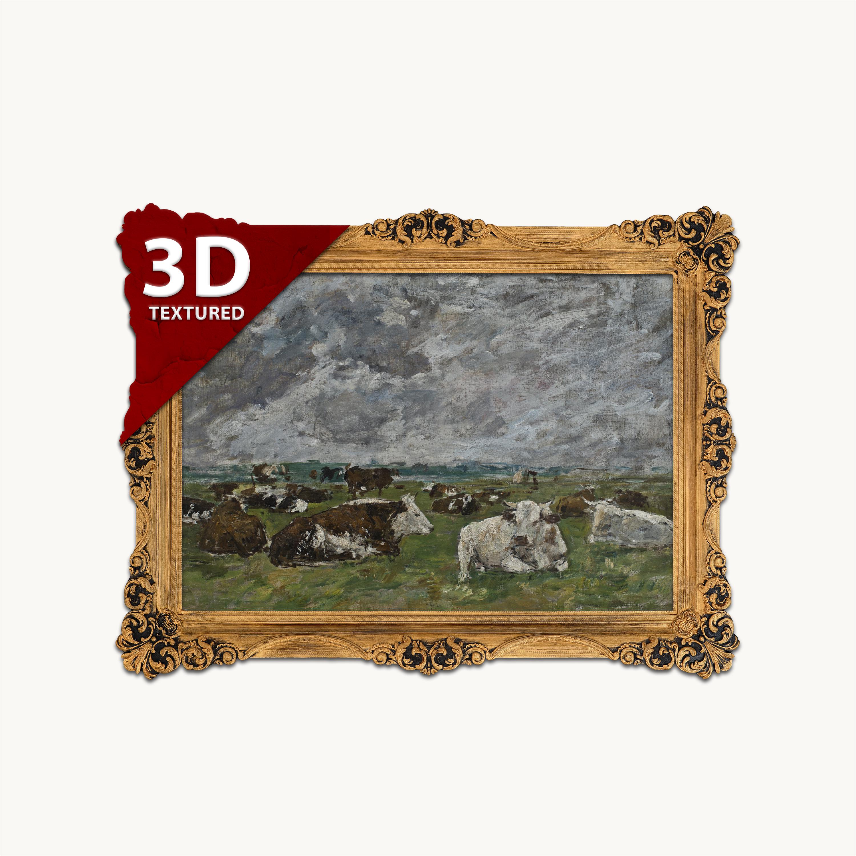 ユージン・ブーダン作「牛」の絵画：キャンバスに3Dテクスチャプリント