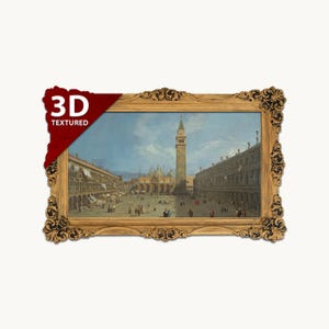 Puede incluir: Un cuadro rectangular de la Plaza de San Marcos en Venecia, con el Campanile y la arquitectura circundante, en un marco dorado ornamentado con detalles oscuros. Una esquina roja muestra el texto blanco 3D TEXTURED.