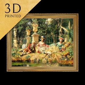 May include: A 3D printed painting depicting a group of people in a garden setting. The painting features a man in a blue and gold suit, a woman in a pink dress, and a woman in a blue and white dress. The group is seated by a pond with trees and flowers in the background.