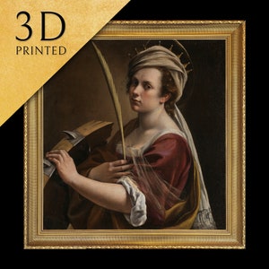 Retrato como Santa Catalina de Artemisia Gentileschi, impreso en 3D con textura y pinceladas, parece una pintura al óleo original.