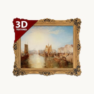 May include: A framed landscape painting depicting a harbor scene with sailing ships, calm water, and buildings along the shore under a bright sky. The artwork is enclosed in an ornate, gold-colored frame with black detailing and a 3D TEXTURED corner label.