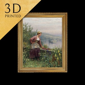 Brittany Girl Overlooking A Stream por Daniel Ridgway Knight, 3D impresso com textura e pinceladas parece uma pintura a óleo original.