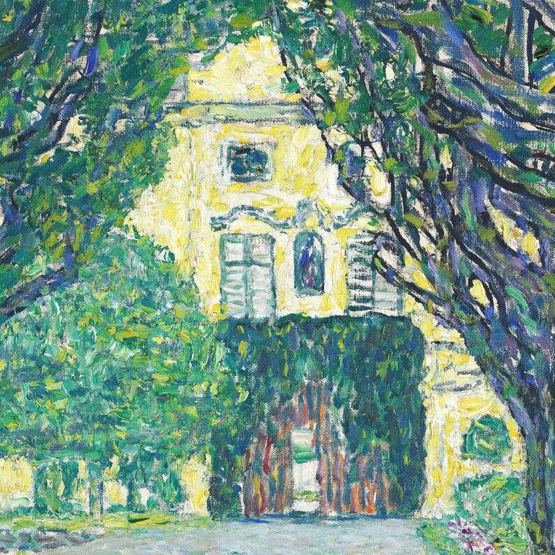 May include: An oil painting depicting a yellow building framed by dark green and blue trees. The structure features multiple windows, a central arched doorway covered in dense green vines, and thick, textured brushstrokes throughout the scene.