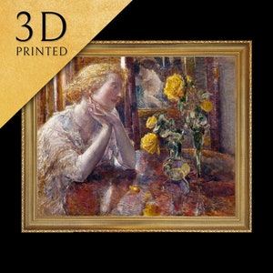 May include: 3D printed framed artwork featuring a woman with blonde hair, resting her chin on her hands. Yellow roses in vases are on the table. The artwork has a gold frame and the text "3D PRINTED" in the upper left corner.