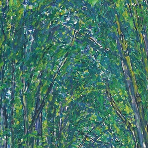 May include: An oil painting depicting a dense forest canopy with thick, visible brushstrokes in various shades of green, blue, and yellow. The composition features vertical tree trunks and overlapping leaves, creating a textured, layered appearance.