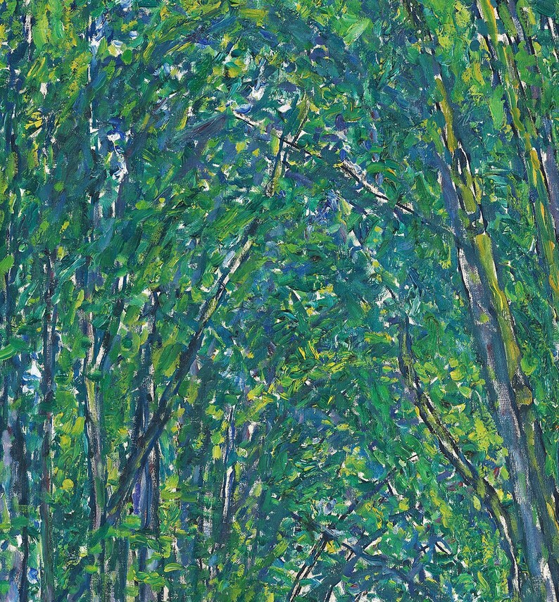 May include: An oil painting depicting a dense forest canopy with thick, visible brushstrokes in various shades of green, blue, and yellow. The composition features vertical tree trunks and overlapping leaves, creating a textured, layered appearance.