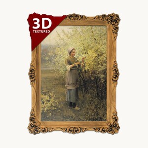 Può includere: Un dipinto incorniciato raffigurante una persona con foulard e grembiule vicino a un cespuglio in fiore. La cornice dorata decorata presenta accenti scuri. Un angolo rosso mostra il testo bianco 3D TEXTURED in alto a sinistra.