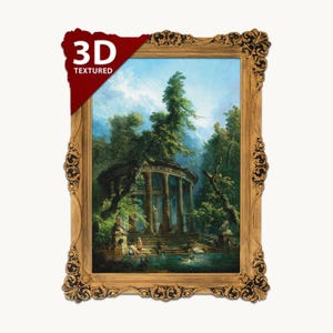 Puede incluir: Una pieza de arte mural rectangular con una pintura de paisaje de un templo circular clásico con columnas, rodeado de árboles y un estanque, en un marco dorado ornamentado y texturizado con una etiqueta roja 3D TEXTURED.