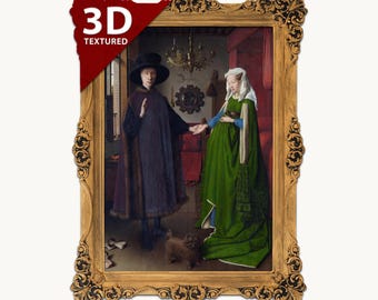 May include: A framed reproduction of the Arnolfini Portrait featuring a person in a dark purple cloak and black hat standing beside a person in a green dress, with a small brown dog, all enclosed in an ornate gold frame with a 3D textured corner.