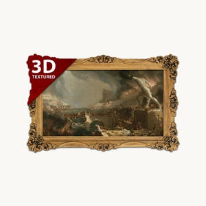 Puede incluir: Un cuadro rectangular en un marco dorado ornamentado con detalles oscuros, que representa una escena histórica dramática de una ciudad en caos con una gran estatua, un puente y cielos tormentosos. Una banda roja muestra 3D TEXTURED.