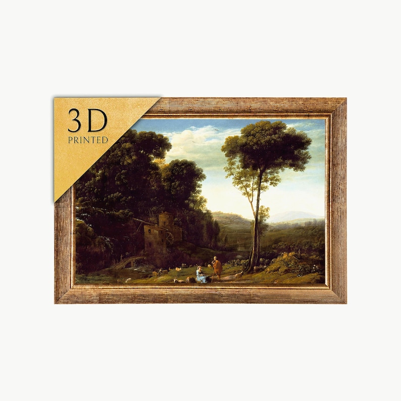 May include: A framed 3D printed landscape painting. The artwork depicts a pastoral scene with trees, a building, and figures. The frame is a light brown color, and the text "3D PRINTED" is visible in the upper left corner.