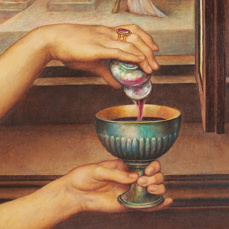 May include: An oil painting depicts a hand pouring a dark red liquid from a small, ornate vessel into a teal chalice. The hand wears a gold ring with a red stone. The chalice is held by another hand. The scene is set against a warm, brown background.