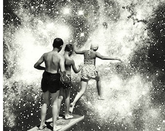 Surreal Collage Art Print - Handmade Collage - Scifi art, Vintage, Retro Futurism, Kids playing, Beautiful A3, COLLAGE, Black and White