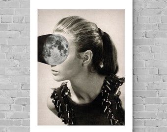 COLLAGE ART PRINT -  Girl on the moon - Handmade Collage, Dada,  beautiful girl, black and white Portrait, home wall decor, Art Nouveau