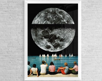 Surreal Collage - 8x11, Handmade Collage, Space, full Moon, Retro, Sci-fi, art print, ART, COLLAGE, futurism, wall decor art, gift 11x16