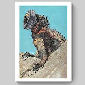 Surreal Collage art print, galapagos iguana,  Handmade Collage, Retro surrealism Sci-fi, ART, COLLAGE, Wall Home decor, the age of collage