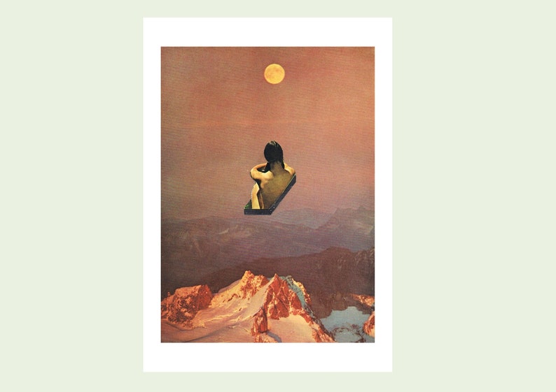 Surreal Collage A2 A3, Handmade Collage, Space, full Moon, Retro, Sci-fi, art print, ART, COLLAGE, futurism, Home decor, wall art, gift image 1
