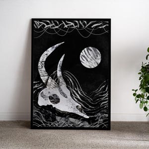 Illustrazione di teschio e luna / Poster di arte oscura / Poster di illustrazione fatta a mano / Stampa di montaggio monotipo