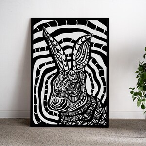 Illustrazione di un coniglio surreale / Poster con illustrazione psichedelica fatta a mano / Stampa di un coniglio surreale / Decorazione murale con arte psichedelica